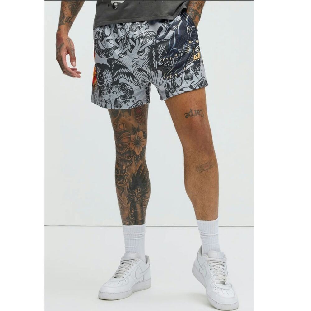 NWT Ed Hardy Men's Mesh Panther Skull Tattoo Shorts Y2K Streetwear Style